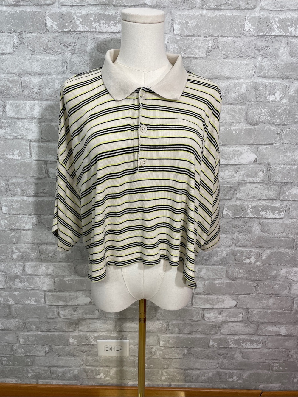 Volcom Cropped  Button-Down Polo in Cream with Black and Yellow Stripes